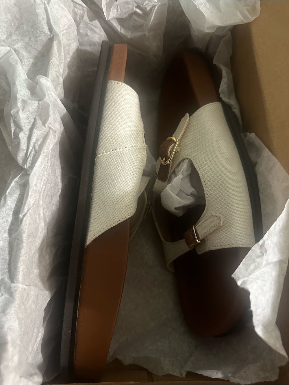 J. Crew White and Brown Canvas Slide Sandals with Gold Buckles